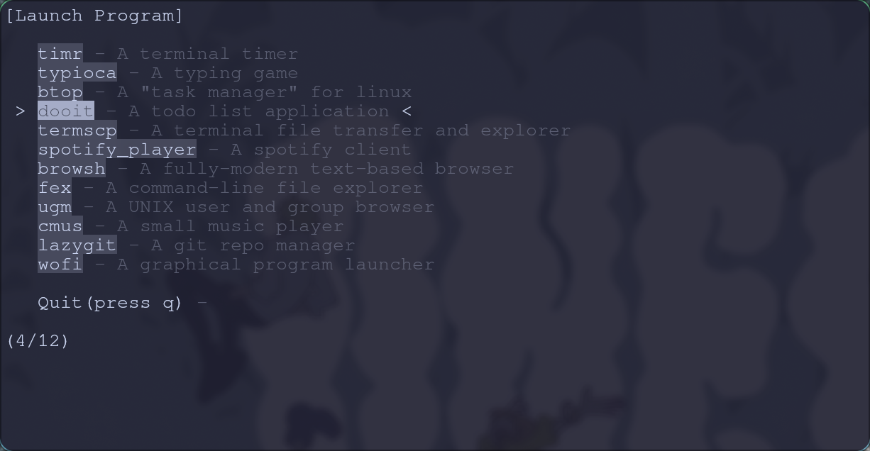 Screenshot of tuimenu in terminal